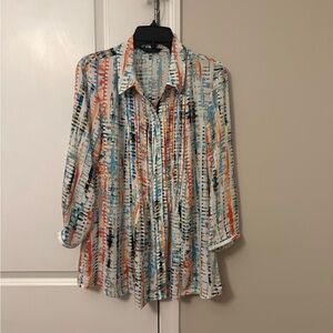 Lightweight Printed Button-Up Blouse in White, Blue & Orange